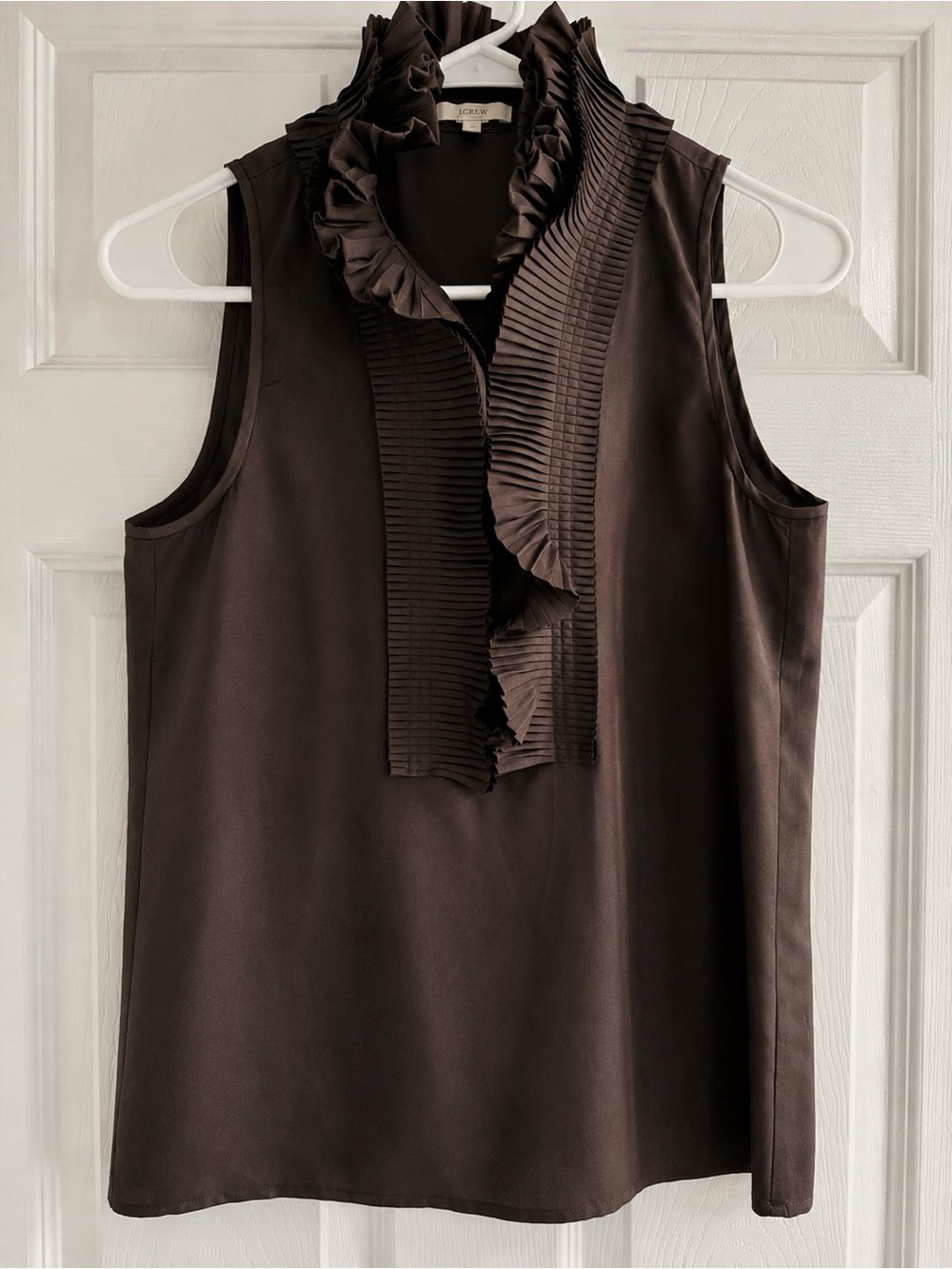 J. Crew Sleeveless Ruffle-Placket Blouse in Dark Brown-Sz 0